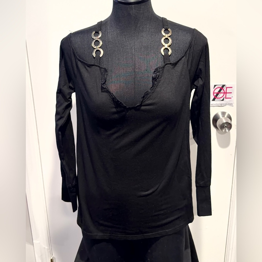 Elegant Black Long Sleeve Top with Gold Details